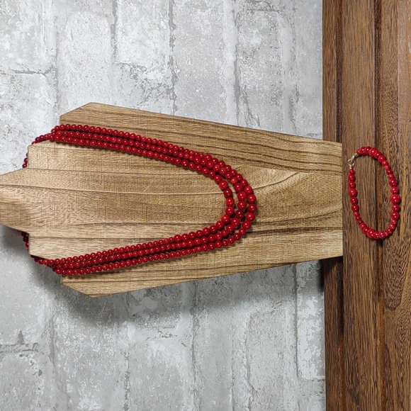 Red Bamboo Coral Triple Strand Bead Necklace and Matching Bracelet - Picture 1 of 9